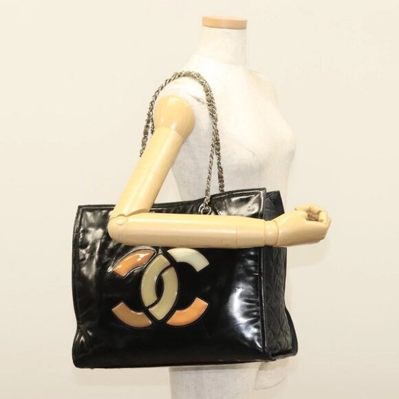 CHANEL Chain Tote Bag Enamel Black Silver CC Auth - Picture 1 of 15